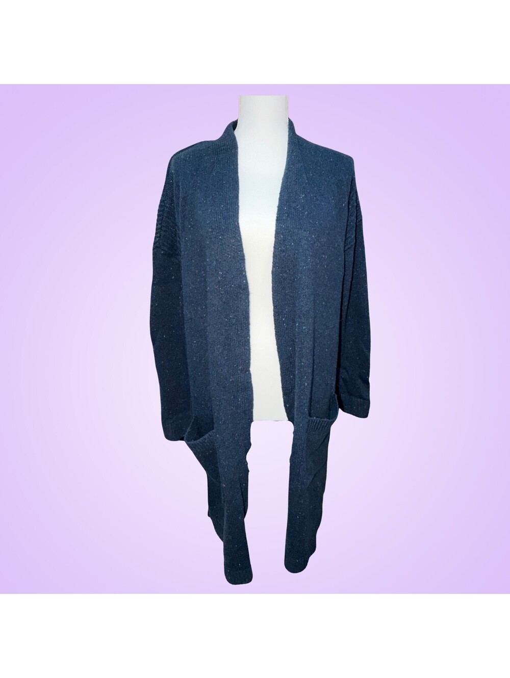 Alya Womens Medium Dark Blue Multicolor Speckled Open Front Long Cardigan